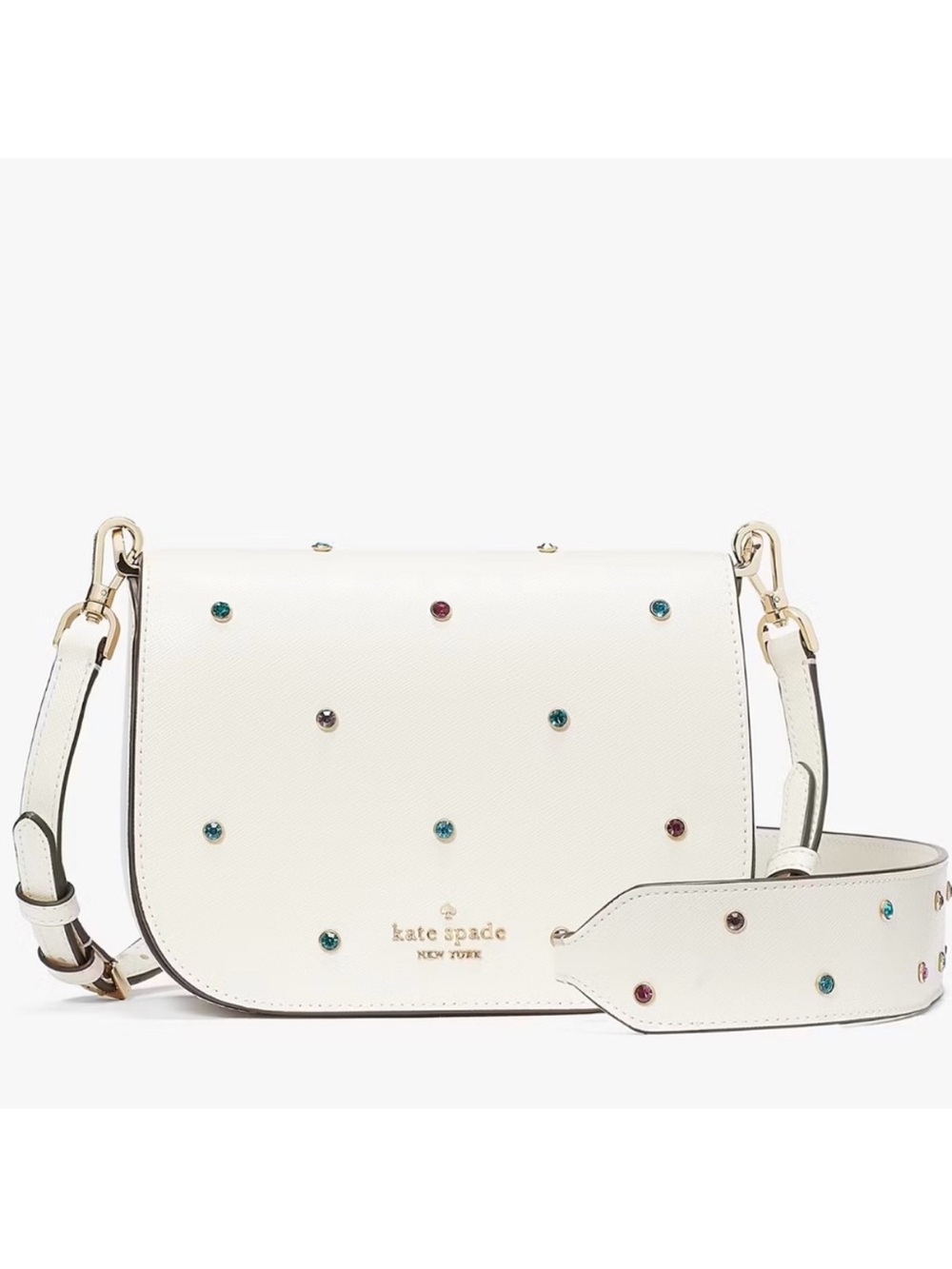 kate spade White Leather Crossbody with Multicolor Gem Studs